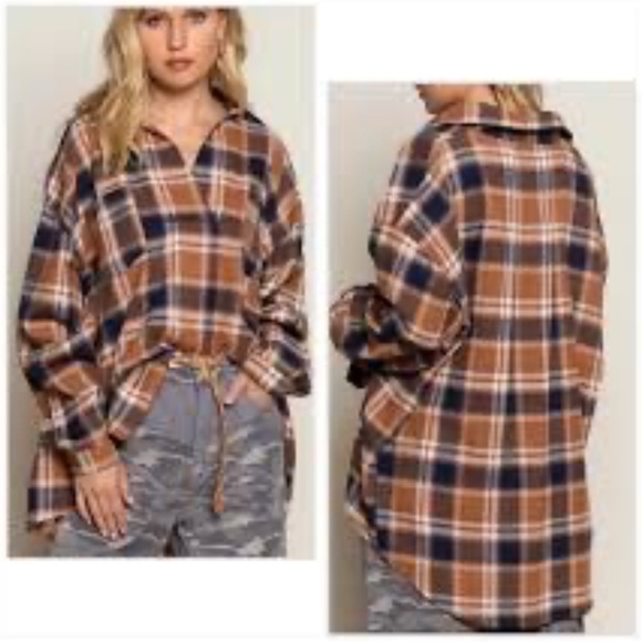 POL Tops - NWOT POL Brown and Blue Plaid Flannel Shirt